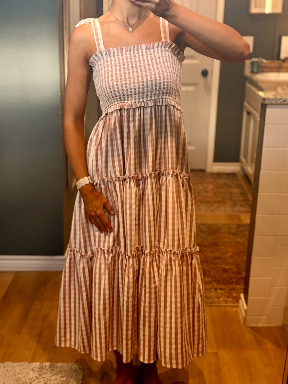 Sleeveless Pink Stripe Smocked Midi Dress